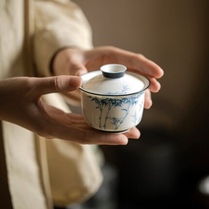 Blue and White Hand-Painted Underglaze Bamboo Gaiwan