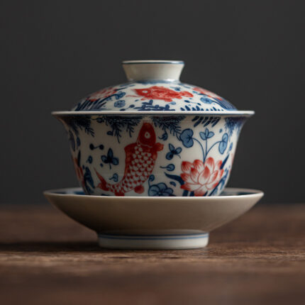 Carp Playing with Lotus Blue and White Gaiwan 180ml
